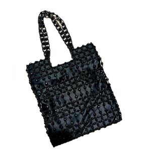 Vintage Giorgio Beverly Hills Black Beaded Satin Evening Bag Flapper Style Purse